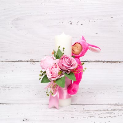 Lumanare botez trandafiri roz si bebelus