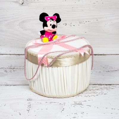 Cutie trusou botez Minnie Mouse cu fundita roz si buline albe 
